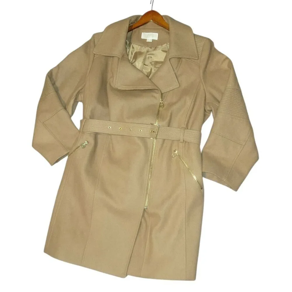 Michael Michael Kors Asymmetrical Trench Belted Wrap Camel Wool Walker Coat 2X
